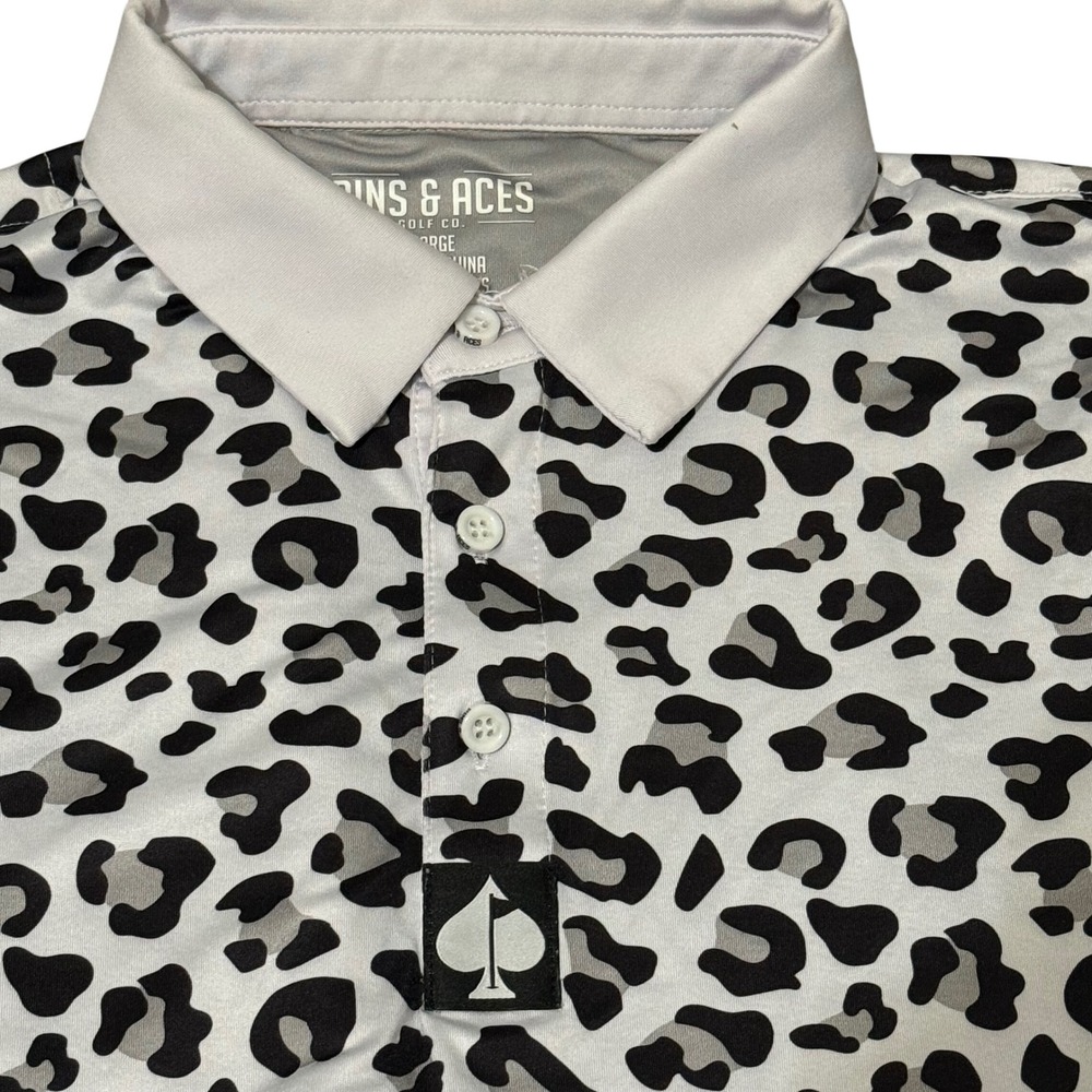 Pins & Aces Mens Leopard Print Golf Polo Shirt White Grey Black Size Large